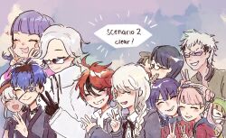 5girls 6+boys :d ahoge aotsuki_eito black_choker black_gloves black_hair black_hairband black_shirt black_streaks blue_hair blunt_bangs blush blush_stickers bow bow_hairband braid brother_and_sister brown_hair choker closed_eyes closed_mouth commentary double_bun drawstring earrings english_commentary english_text eyepatch gakuran ginzaki_shouma glasses gloves green_hat green_jacket grey_hair grin hair_bun hairband haori hat hood hoodie jacket japanese_clothes jewelry kawana_tsubasa kimono kirifuji_nozomi long_hair maruko_gaku mojiro_moko multicolored_hair multiple_boys multiple_girls omokage_yugamu onettfarts open_mouth pink_hair purple_eyes purple_hair red_hair school_uniform serafuku shirt shizuhara_hiruko short_hair siblings smile streaked_hair sumino_takumi sunglasses the_hundred_line_-last_defense_academy- tsukumo_ima tsukumo_kako twins twintails v white_hair white_hoodie white_jacket yakushiji_takemaru