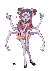 1girl :d arm_up arthropod_girl black_eyes black_hair black_shoes blush bow extra_arms extra_eyes fangs flying_sweatdrops full_body hair_bow hands_up highres ikeuchi_tanuma insect_girl muffet open_mouth orange_bow orange_shorts puffy_short_sleeves puffy_shorts puffy_sleeves red_shirt shirt shoes short_sleeves shorts simple_background smile solo spider_girl standing undertale white_background