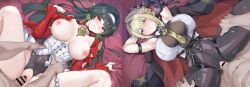 2boys 2girls armpits arms_behind_head astra_yao bar_censor bed_sheet black_choker black_gloves black_hair black_jacket black_pants blonde_hair blush bodice bouncing_breasts breasts breasts_apart breasts_out censored choker clothed_female_nude_male collared_shirt commentary crotch_cutout daram_(shappydude) earrings elbow_gloves evelyn_chevalier gloves hair_intakes hair_spread_out hairband heart hetero high-waist_pants highres huge_breasts jacket jacket_on_shoulders jewelry large_breasts long_hair looking_at_viewer lying missionary mole mole_under_eye motion_lines multiple_boys multiple_girls necktie nipples nude on_back on_bed pants parted_lips penis pink_eyes purple_eyes pussy red_jacket sex sheet_grab shirt short_hair single_elbow_glove smile speed_lines spoken_heart spread_legs stitched sweat third-party_edit tight_clothes tight_pants torso_grab vaginal very_long_hair white_hairband white_shirt yellow_necktie zenless_zone_zero