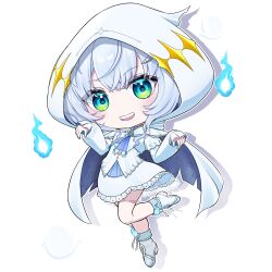 1girl :d absurdres ascot blue_ascot blue_eyes blue_fire blush boots briareos cape chibi chibi_only commentary_request dress fire frilled_dress frills full_body ghost highres hitodama hood hood_up hooded_cape kasukane_shino large_variant_set looking_at_viewer nanashi_inc. open_mouth shadow short_hair smile solo standing standing_on_one_leg transparent_background variant_set virtual_youtuber white_boots white_cape white_dress white_hair