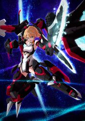 1girl :d absurdres alice_gear_aegis armor bare_shoulders blonde_hair breasts full_body gloves green_eyes highres holding holding_sword holding_weapon kotomura_akane leotard looking_at_viewer mecha_musume open_mouth short_hair small_breasts smile solo space sword taida_jun weapon white_leotard