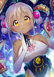 1girl artist_name binishu bread bread_slice breasts croissant dark-skinned_female dark_skin dated donut elbow_gloves food food_on_face gloves highres hololive hololive_english jam large_breasts solo toast tsukumo_sana twintails virtual_youtuber yellow_eyes