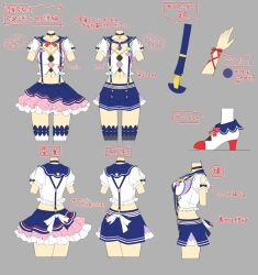 alternate_breast_size black_bow black_choker black_thighhighs blue_footwear blue_necktie blue_ribbon blush bow breasts candy candy_wrapper reference_sheet choker cleavage collarbone color_contrast color_guide concept_art crop_top flat_chest food frilled_shirt frilled_skirt frilled_thighhighs frills full_body grey_background heart heart_pendant hibari_(senran_kagura) high_heels jacket large_breasts linea_alba looking_at_viewer midriff miniskirt multiple_views navel necktie notes official_art open_mouth pendant_choker pink_pupils pleated_shorts pleated_skirt polka_dot polka_dot_bow polka_dot_necktie production_art puffy_short_sleeves puffy_sleeves red_bow red_footwear red_ribbon revealing_clothes ribbon ribbon-trimmed_thighhighs ribbon_trim senran_kagura senran_kagura_new_link shiny_skin shirt short_hair short_sleeves short_twintails shorts shuriken shuriken_hair_ornament simple_background single_wrist_cuff skirt smile star_(symbol) star_pendant suspender_shorts suspender_skirt suspenders symbol-shaped_pupils thighhighs turnaround twintails two-tone_footwear weapon white_shirt white_thighhighs white_wrist_cuffs wrapped_candy wrist_cuffs wrist_ribbon yaegashi_nan yagyu_(senran_kagura)