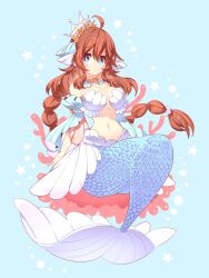 1girl blue_eyes breasts brown_hair cleavage crown highres looking_at_viewer mermaid monster_girl navel solo toconikky twintails