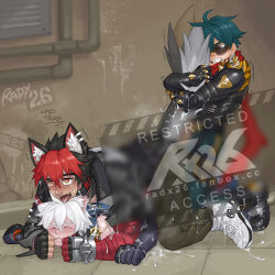 Rule 34 | &gt; &lt;, 3boys, all fours, animal ears, artist name, black jacket, blue eyes, censored, clenched teeth, closed eyes, commentary request, cross scar, dated, dog boy, dog ears, dog tail, earrings, fangs, heart, heart-shaped pupils, highres, hugging tail, jacket, jewelry, komano manato, leather, leather jacket, lighter (zenless zone zero), male focus, multicolored hair, multiple boys, open mouth, paid reward available, radx26, red scarf, scar, scar across eye, scar on face, scar on shoulder, scarf, seth lowell, symbol-shaped pupils, tail, teeth, tongue, tongue out, white hair, yaoi, zenless zone zero