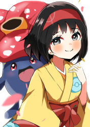 1girl absurdres black_eyes black_hair carrot_summer closed_mouth erika_(pokemon) gen_1_pokemon hairband highres japanese_clothes kimono long_sleeves looking_at_viewer nintendo open_mouth petals pokemon pokemon_(creature) pokemon_frlg red_hairband short_hair upper_body vileplume white_background wide_sleeves yellow_kimono