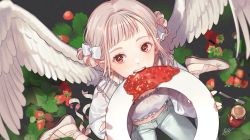 1girl angel angel_wings blonde_hair blush bow cherico commentary denim double_bun eating eating_halo flats food footwear_ribbon from_above fruit hair_bow hair_bun halo halo_removed highres holding_halo imminent_bite jam jar jeans looking_away medium_hair midriff navel off-shoulder_shirt off_shoulder open_mouth original pants plant red_eyes shirt sidelocks signature sitting smile solo strawberry symbol-only_commentary teeth thick_eyebrows wariza wings