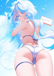 Rule 34 | 1girl, absurdres, bikini, blue eyes, blue hair, blue sky, breasts, cloud, commentary, day, from behind, furina (genshin impact), genshin impact, highres, li lll il, long hair, looking at viewer, medium breasts, multicolored hair, outdoors, sky, solo, swimsuit, symbol-only commentary, translation request, two-tone hair, white bikini, white hair