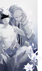 2boys aotsuki_eito asako_(pixiv_5702576) bare_pectorals blindfold closed_eyes clothes_pull coat commentary flipped_hair gradient_background grey_background greyscale hand_up highres holding_hands kiss kissing_hand male_focus monochrome multiple_boys parted_lips pectorals sumino_takumi the_hundred_line_-last_defense_academy- toga white_background white_coat yaoi
