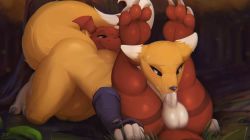 1boy 1girl all_fours animal_ears animated animated_gif anus ass digimon digimon_(creature) fellatio furry hetero interspecies oral penis renamon tail zonkpunch