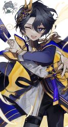 Rule 34 | 1boy, absurdres, black hair, blue cape, blue jacket, cape, card, celestia (elsword), commentary, cowboy shot, elsword, grey jacket, hair ornament, highres, holding, holding card, jacket, jewelry, long sleeves, looking at viewer, multicolored jacket, multiple rings, noah ebalon, olyrbn, one eye closed, open mouth, purple eyes, ring, short hair, two-sided cape, two-sided fabric, yellow cape