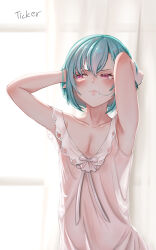 1boy armpit_peek armpits artist_name blush eochaid_(mabinogi) highres looking_to_the_side mabinogi morning see-through_clothes sleeveless ticker_(kks2ksy) trap