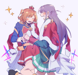 2girls :d ^_^ aijou_karen back_bow belt belt_buckle black_boots blue_jacket blunt_bangs blunt_ends blush boots bow brown_hair buckle chinese_commentary closed_eyes commentary_request cowboy_shot crown epaulettes facing_another from_side fur-trimmed_jacket fur_trim green_bow green_jacket green_skirt grey_background highres imminent_hand_holding jacket jacket_on_shoulders leg_up long_hair long_sleeves lower_teeth_only mini_crown miniskirt multicolored_jacket multiple_girls open_mouth pleated_skirt profile purple_hair red_jacket red_skirt rei931218 sash short_hair shoujo_kageki_revue_starlight shoulder_sash simple_background single_stripe skirt smile sparkle standing standing_on_one_leg striped_clothes striped_skirt teeth tsuyuzaki_mahiru two_side_up upper_teeth_only waist_cape white_sash yellow_belt