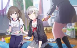 3girls bag black_hoodie black_socks box brown_hair cardboard_box carpet collarbone colorful_palette feet_out_of_frame food full_body green_eyes grey_eyes grey_shirt grey_skirt gym_uniform highres hinomori_shiho holding holding_bag holding_paintbrush hood hoodie leaning_forward looking_at_another looking_up medium_hair milk_carton miyamasuzaka_girls&#039;_academy_school_uniform multiple_girls neckerchief official_art paint_tube paintbrush paint_palette pants parted_lips plastic_bag pleated_skirt pocky project_sekai red_neckerchief sailor_collar school_uniform seiza shelf shirt shoes short_hair sitting skirt sleeves_rolled_up smile socks squeezing standing swept_bangs third-party_source track_pants tree_print twintails uwabaki white_sailor_collar white_shirt white_socks window yamada_(project_sekai) zekkyou!?_ookami_no_mori_e_youkoso!_(project_sekai)