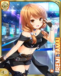 1girl :d bare_shoulders belt black_shirt black_shorts black_thighhighs boots brown_boots brown_eyes brown_gloves brown_hair card_(medium) cowboy_shot day game_show girlfriend_(kari) gloves indoors looking_at_viewer low_twintails matching_hair/eyes official_art open_mouth qp:flapper shirt shorts smile solo standing standing_on_one_leg tamai_remi thighhighs twintails