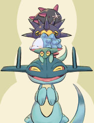 &gt;_&lt; animal_focus blush closed_eyes commentary_request drakloak dreepy gen_7_pokemon gen_8_pokemon highres matsuda_(0yx38755230263c) nintendo no_humans on_head open_mouth pincurchin pink_eyes pokemon pokemon_(creature) pokemon_focus pokemon_on_head pyukumuku smile snom spikes symbol-shaped_pupils triangle-shaped_pupils yellow_eyes