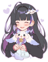 1girl 1other ahoge bell black_hair black_shirt braid character_hair_ornament chibikemo closed_eyes colored_inner_hair commentary creature earrings fire furry grey_eyes hair_ornament hayashidadesu heart heart_ahoge holding jewelry long_sleeves looking_at_viewer lunlun_(nijisanji) meloco_kyoran meloco_kyoran_(1st_costume) multicolored_hair multiple_earrings neck_bell nijisanji nijisanji_en open_mouth outside_border purple_fire purple_hair shirt simple_background smile twin_braids virtual_youtuber water white_background