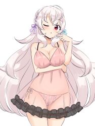 1girl :o absurdres arm_under_breasts blush braid breasts chemise commentary cowboy_shot finger_to_cheek frilled_chemise gradient_hair hair_ribbon highres indie_virtual_youtuber large_breasts long_hair looking_at_viewer multicolored_hair navel one_eye_closed open_mouth panties pink_hair pink_panties red_eyes ribbon see-through_clothes shiraha_maru side-tie_panties simple_background solo standing string_panties thigh_gap underwear urato_chieru very_long_hair white_background white_hair
