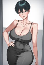 1girl bad_tag bare_shoulders black_dress black_hair blue_eyes breasts cleavage collarbone covered_navel curvy dress grey_dress hair_between_eyes hand_on_own_hip highres jewelry large_breasts looking_at_viewer mole mole_under_mouth necklace nuo_(30340120) original short_hair solo sweat