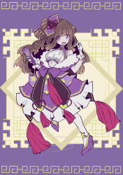 Rule 34 | 1girl, blue footwear, breasts, brown dust (series), brown dust 2, brown hair, chinese clothes, dress, frilled dress, frills, full body, fur-trimmed dress, fur trim, gloves, hair ribbon, helena (brown dust), high heels, highres, holding, holding microphone, large breasts, lolita fashion, long hair, looking at viewer, meander, microphone, open mouth, purple dress, purple eyes, purple ribbon, qi lolita, ribbon, sleeveless, sleeveless dress, smile, solo, standing, standing on one leg, tn scallion, two-tone dress, waist ribbon, white dress, white gloves