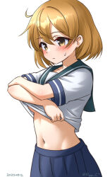 Rule 34 | 1girl, bandaid, bandaid on face, blush, brown eyes, brown hair, clothes lift, dated, kantai collection, lifting own clothes, navel, oboro (kancolle), ray.s, school uniform, serafuku, shirt lift, short hair, skirt, sweat, twitter username, undressing, white background