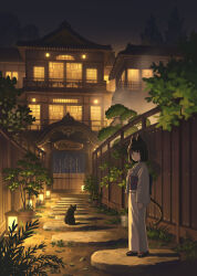 1girl animal_ear_fluff animal_ears architecture arm_at_side black_cat black_hair black_sandals blue_eyes blue_sash blunt_bangs bob_cut building cat cat_ears cat_girl cat_tail closed_mouth commentary_request east_asian_architecture expressionless fence floral_print floral_print_sash flower_pot gate grass grey_kimono hand_up highres japanese_clothes kimono lantern leaf long_sleeves looking_at_viewer looking_to_the_side night night_sky obi obiage obijime onita original outdoors path plant potted_plant print_sash road sandals sash scenery short_hair sky socks solo standing stepping_stones tabi tail tree white_socks wide_sleeves zouri