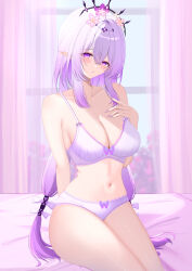 1girl absurdres bed_sheet bedroom bra breasts bug butterfly castorice_(honkai:_star_rail) curtains flower hair_between_eyes hair_flower hair_ornament hanaki_q hand_on_own_chest highres honkai:_star_rail honkai_(series) indoors insect large_breasts legs_together long_hair looking_at_viewer navel on_bed panties pointy_ears purple_bra purple_butterfly purple_eyes purple_flower purple_hair purple_panties spiked_tiara tiara underwear underwear_only window