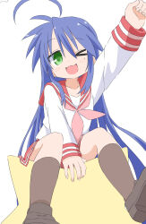 Rule 34 | &gt; o, 1girl, absurdres, ahoge, arm up, between legs, brown shoes, brown socks, collarbone, commentary, cynical (llcbluckg c004), dot nose, fingernails, green eyes, hand between legs, highres, izumi konata, loafers, long hair, lucky star, mole, mole under eye, neckerchief, one eye closed, open mouth, pink neckerchief, red sailor collar, sailor collar, school uniform, shirt, shoes, socks, solo, stuffed star, white shirt