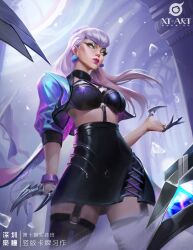 1girl absurdres black_skirt black_thighhighs breasts claw_(weapon) cropped_jacket demon_girl evelynn_(league_of_legends) grin highres jacket k/da_(league_of_legends) k/da_all_out_evelynn league_of_legends long_hair looking_at_viewer medium_breasts open_clothes open_jacket skirt smile solo thick_thighs thighhighs thighs weapon white_hair xt-art yellow_eyes