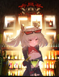 1girl absurdres alcohol alternate_breast_size bar_(place) belt black-framed_eyewear black_belt black_gloves black_jacket black_skirt black_tank_top blonde_hair bottle box_(bagsang59049289) breasts burnice_white cleavage closed_mouth commentary crop_top cup drink drinking_glass english_commentary eyewear_on_head fingerless_gloves gloves hair_ornament highres indoors jacket lapels large_breasts leather leather_jacket leather_skirt letter_hair_ornament long_sleeves looking_at_viewer midriff navel open_clothes open_jacket red-tinted_eyewear red_eyes short_hair skirt smile solo spiked_jacket standing sunglasses table tank_top tinted_eyewear twintails vodka whiskey zenless_zone_zero