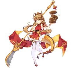 1girl :d ahoge ark_order bamboo_steamer black_sash blonde_hair bow braid brown_hair dango_remi dragon_horns dragon_tail dress flats food full_body guan_dao horns lantern long_hair low_ponytail official_art open_mouth polearm ponytail red_dress sash side_braid sleeveless sleeveless_dress smile solo steamed_bun tachi-e tail thighhighs transparent_background twin_braids very_long_hair weapon white_thighhighs wrist_cuffs yellow_bow yinglong_(ark_order)