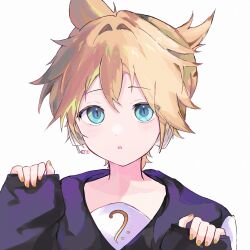 1boy bass_clef blonde_hair blue_eyes chinen commentary_request headphones headset highres kagamine_len long_sleeves male_focus parted_lips pinching_sleeves ponytail portrait sailor_collar short_hair short_ponytail sleeves_past_wrists solo spiked_hair vocaloid