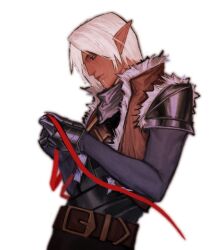 1boy armor arms_up belt belt_buckle black_pants breastplate brown_belt brown_jacket buckle closed_mouth commentary cowboy_shot cyq_kk dark-skinned_male dark_skin dragon_age dragon_age_2 elf english_commentary fenris_(dragon_age_2) from_side fur-trimmed_jacket fur_trim hair_behind_ear holding holding_ribbon jacket long_pointy_ears long_sleeves looking_down male_focus open_clothes open_jacket pants parted_hair pauldrons pointy_ears profile red_ribbon ribbon shoulder_armor simple_background solo white_background white_fur white_hair