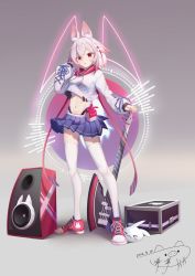 &gt;_&lt; 1girl :3 alternate_costume amplifier animal_ear_fluff animal_ear_legwear animal_ears arm_up artist_logo audio_visualizer bass_guitar belt_pouch blue_skirt bow box colored_tips cropped_hoodie cropped_jacket dated full_body grey_background hair_bow hair_ornament_request hairband hand_on_own_cheek hand_on_own_face headwear_request highleg highleg_panties highres hood hoodie instrument lace-up_sleeves linea_alba logo looking_at_viewer midriff miniskirt multicolored_hair multicolored_hoodie music navel panties panty_straps parted_lips pink_hair pleated_skirt pouch rabbit_ear_legwear rabbit_ears red_eyes red_footwear red_hair red_hoodie red_ribbon ribbon shadow signature skirt solo speaker stomach sumeragi_pal thighhighs underwear virtual_youtuber wactor_production white_bow white_hoodie white_thighhighs yangyi330 zettai_ryouiki