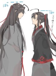 2boys ahoge black_eyes black_hair black_hanfu black_robe chinese_clothes closed_mouth coat dual_persona eye_contact from_side grey_coat hair_down hair_ribbon half_updo hanfu height_chart height_difference highres karanosora layered_sleeves long_hair long_sleeves looking_at_another male_focus modao_zushi multiple_boys official_alternate_costume official_alternate_hairstyle ponytail profile red_ribbon ribbon robe sidelocks simple_background sketch sleeves_past_fingers sleeves_past_wrists standing time_paradox very_long_hair wei_wuxian wei_wuxian_(yiling_laozu) white_background wide_sleeves