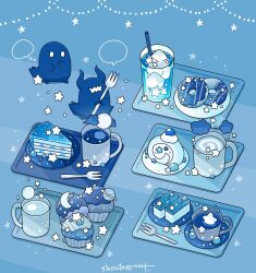 artist_name blue_background blue_theme cake cake_slice coffee cookie cup donut drink drinking_straw food food_focus fork fruit ghost highres holding holding_fork hoshikui ice_cream ice_cream_float mug no_humans original plate shoutarou_(shoutarotttt) signature speech_bubble star_(symbol) tray