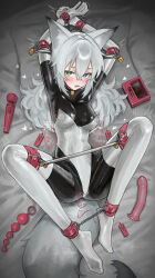 1girl absurdres anal_beads animal_ear_fluff animal_ears blue_eyes bodysuit breasts chain collar commentary cuffs dildo egg_vibrator elbow_gloves english_commentary fox_ears fox_girl fox_tail gloves green_eyes handcuffs heterochromia highres hitachi_magic_wand impossible_bodysuit impossible_clothes large_variant_set latex latex_bodysuit leotard lock lockbox long_hair looking_at_viewer medium_breasts open_mouth original restrained saaal653 sex_toy shackles skin_tight spread_legs spreader_bar tail thighhighs variant_set very_long_hair vibrator white_gloves white_thighhighs