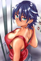 1girl absurdres aged_up artist_name blue_eyes blue_hair breasts cleavage commentary denim double-parted_bangs downblouse eiyuu_densetsu elevator english_commentary feri_al-fayed hair_between_eyes highres indoors jeans kuro_no_kiseki_(series) large_breasts looking_at_viewer pants shirt short_hair sleeveless sleeveless_shirt smile solo tomboy vanillahare