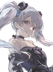 1girl black_choker black_dress black_hat blue_flower blue_rose choker closed_mouth doll_joints dress expressionless floating_hair flower frilled_dress frills grey_hair hair_flower hair_ornament hat highres joints lime3141 long_hair looking_at_viewer orchis red_eyes rose shadowverse shadowverse:_worlds_beyond simple_background solo strapless strapless_dress top_hat twintails upper_body white_background