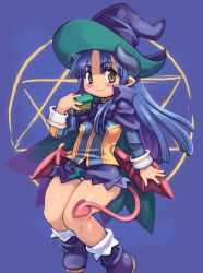 1girl blue_hair closed_mouth demon_tail grin hat horns ruruie_(shinrabanshou) shinrabanshou smile solo tagme tail thighs witch_hat yu_3