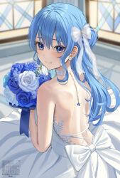 1girl alternate_costume back_bow backless_dress backless_outfit bare_shoulders blue_eyes blue_flower blue_hair blue_rose blurry blurry_background bouquet bow choker closed_mouth commentary_request double-parted_bangs dress earrings flower flower_earrings from_behind hair_between_eyes hair_bow hair_bun highres holding holding_bouquet hololive hoshimachi_suisei indoors jewelry lace lace_choker long_hair looking_at_viewer looking_back median_furrow nakaneabura8623 rose side_up_bun sidelocks sleeveless sleeveless_dress smile solo star_(symbol) star_in_eye strapless strapless_dress symbol_in_eye virtual_youtuber wedding_dress white_bow white_choker white_dress white_flower white_rose