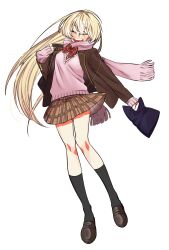 1girl :d ^_^ bag black_bag black_socks blazer blonde_hair blush bow bowtie brown_jacket brown_shoes brown_skirt closed_eyes floating_clothes floating_hair floating_scarf fringe_trim full_body hand_up highres holding holding_bag ienaga_mugi ienaga_mugi_(7th_costume) ijjadd0000 jacket kneehighs loafers long_hair miniskirt nijisanji open_clothes open_jacket open_mouth pink_scarf pink_sweater plaid_bow plaid_bowtie plaid_clothes plaid_skirt pleated_skirt red_bow red_bowtie scarf school_uniform shoes skirt sleeves_past_wrists smile socks solo standing standing_on_one_leg straight_hair sweater teeth thick_eyebrows upper_teeth_only v-neck very_long_hair virtual_youtuber white_background winter_uniform
