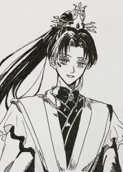 1boy chinese_clothes crown earrings eyelashes frilled_sleeves frills greyscale hanfu happy high_ponytail highres jewelry kohanai_setsuna layered_sleeves long_hair long_sleeves looking_at_viewer male_focus marking_on_cheek monochrome nib_pen_(medium) nikki_(series) open_mouth parted_bangs pen_(medium) photo_(medium) ponytail qin_yi shining_nikki short_over_long_sleeves short_sleeves single_earring smile solo tassel traditional_media upper_body very_long_hair