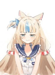 1girl ahoge animal_ear_fluff animal_ears blonde_hair blue_eyes blue_hair cat_ears closed_mouth commentary dress facing_viewer highres indie_virtual_youtuber lifebuoy lifebuoy_hair_ornament long_hair looking_to_the_side malvar multicolored_hair sailor_collar sailor_dress sameko_saba side_ponytail sidelocks simple_background smile solo streaked_hair swim_ring symbol-only_commentary upper_body virtual_youtuber white_background white_dress white_hair