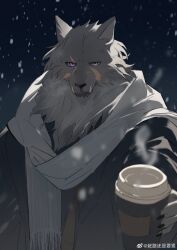 1boy absurdres animal_ears black_fur black_jacket blaidd_the_half-wolf chinese_commentary claws closed_mouth commentary_request cup elden_ring fangs fangs_out furry furry_male ganlu_haishi_yaojin highres holding holding_cup incoming_gift jacket looking_at_viewer male_focus scar scar_across_eye scar_on_face scarf snow steam watermark weibo_username weibo_watermark white_scarf wolf_boy wolf_ears