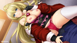 1boy 1girl belt belt_buckle black_belt black_shirt blonde_hair blue_eyes blue_shirt bow bra bra_pull breasts buckle bulge clothes_lift clothes_pull coat dutch_angle floating_hair girl_on_top hair_between_eyes hair_ornament hetero high_ponytail indoors inoino jacket kouyoku_senki_exs-tia large_breasts long_hair long_sleeves looking_at_viewer nipples off_shoulder official_art open_clothes open_coat open_jacket open_mouth panties pants ponytail red_bra red_coat red_jacket red_panties rieszverne_suzette_paladill shirt skirt sleeves_past_wrists solo_focus spread_legs straddling strapless thighhighs underwear very_long_hair white_thighhighs