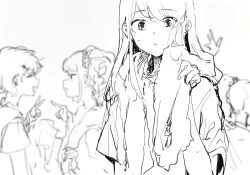 4girls aikatsu! aikatsu!_(series) bad_id bad_twitter_id closed_eyes greyscale hand_up highres ichinose_kaede inactive_account kiriya_aoi long_hair looking_at_another monochrome multiple_girls open_mouth shibuki_ran shirt short_hair simple_background suiso_(owp) sweat todo_yurika towel towel_around_neck upper_body