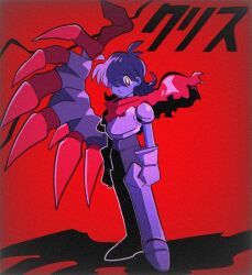 Rule 34 | 1other, armor, blue skin, cape, character name, colored skin, deltarune, gloves, highres, kris (dark world) (deltarune), kris (deltarune), medium hair, red cape, shio tou, simple background, standing