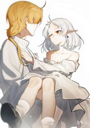 Rule 34 | 1boy, 1girl, absurdres, ahoge, bare shoulders, black shoes, blonde hair, carrying, collarbone, dated, dress, earrings, forehead, highres, jewelry, long hair, low ponytail, mushoku tensei, one eye closed, parted bangs, pointy ears, ponytail, princess carry, red eyes, rudeus greyrat, shoes, signature, simple background, socks, sweater, sylphiette (mushoku tensei), turtleneck, turtleneck sweater, white background, white dress, white socks, yisjhui