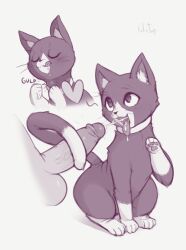 :3 animal_focus animal_sexualization artist_name bestiality cat closed_eyes collar commentary cum cum_in_mouth cum_on_tongue disembodied_penis ejaculation english_commentary erection full_body greyscale hand_up happy heart kekitopu licking_lips looking_at_another monochrome morgana_(cat)_(persona_5) morgana_(persona_5) multiple_views open_mouth pawpads penis persona persona_5 signature simple_background sitting smile spoken_heart swallowing tail tailjob testicles tongue tongue_out u_u veins veiny_penis white_background